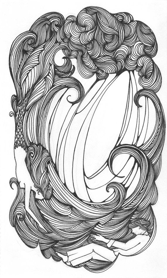 a surreal black and white illustration depicts a mermaid and a woman floating within stylized waves and swirling patterns. the mermaid is positioned on the left side, descending towards the bottom, while the woman floats near the bottom right corner. the surrounding art is composed of flowing lines that create a sense of motion and depth, suggesting both water and abstract elements.