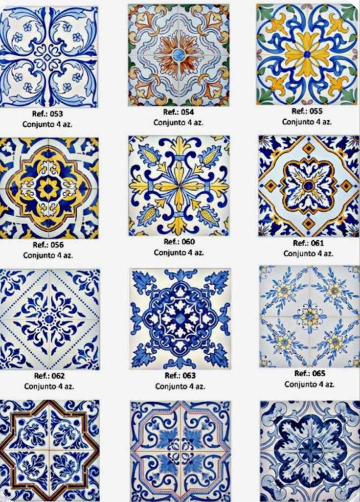 the image showcases a collection of twelve decorative square tiles with various intricate designs, reminiscent of traditional portuguese azulejos. the tiles feature a combination of blue, white, and some yellow and orange hues, with patterns including floral motifs, geometric shapes, and ornate detailing. below each tile is a reference number and the phrase "conjunto 4 az.", suggesting they are sold in sets of four. the image appears to be a product catalog or design reference sheet for these decorative ceramic tiles.