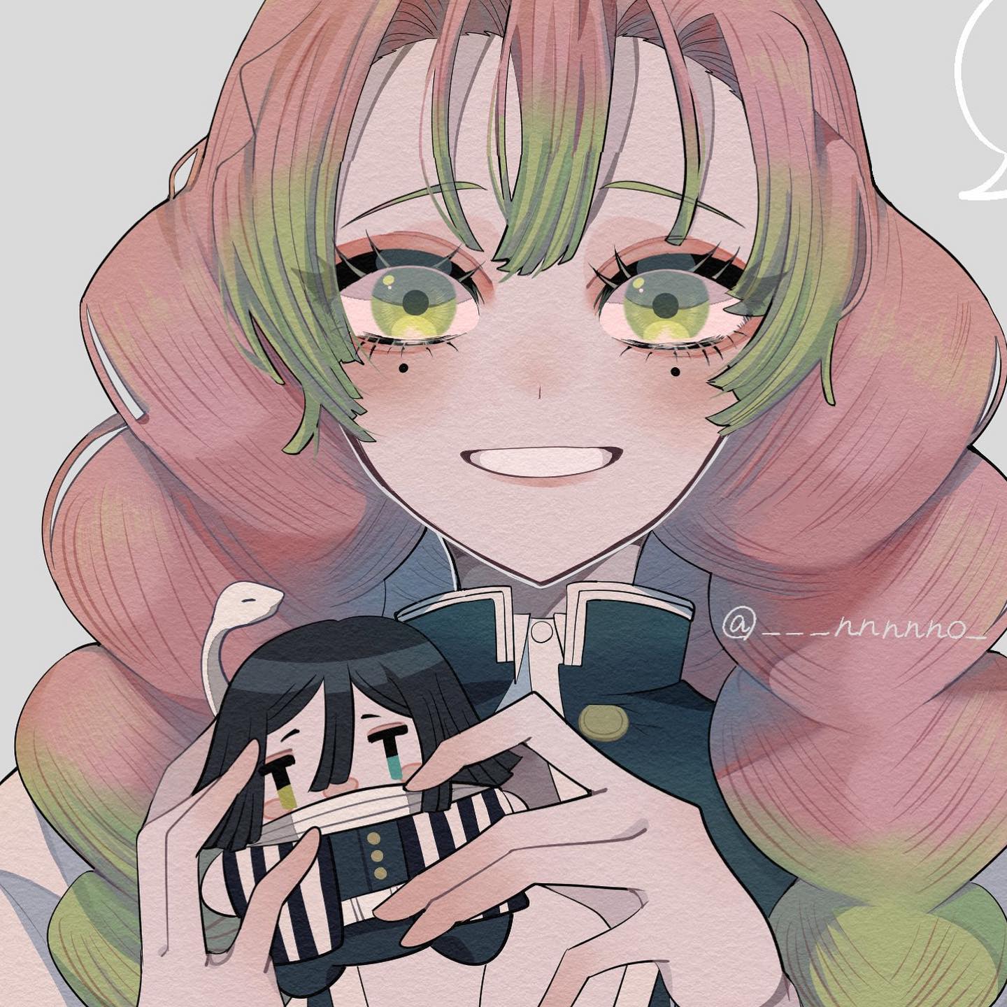 a closeup digital fanart depicts mitsuri kanroji, the love hashira from demon slayer, gently holding a chibi plushie of another character. mitsuri has her signature pink and green hair styled in large curls, and she's wearing her hashira uniform.  her expression is soft and sweet. the plushie is black and white, resembling a character from the same anime with a small snakelike detail. the art style is soft and pastel, with a focus on the characters' expressive eyes and gentle features.  the overall mood is warm and affectionate.