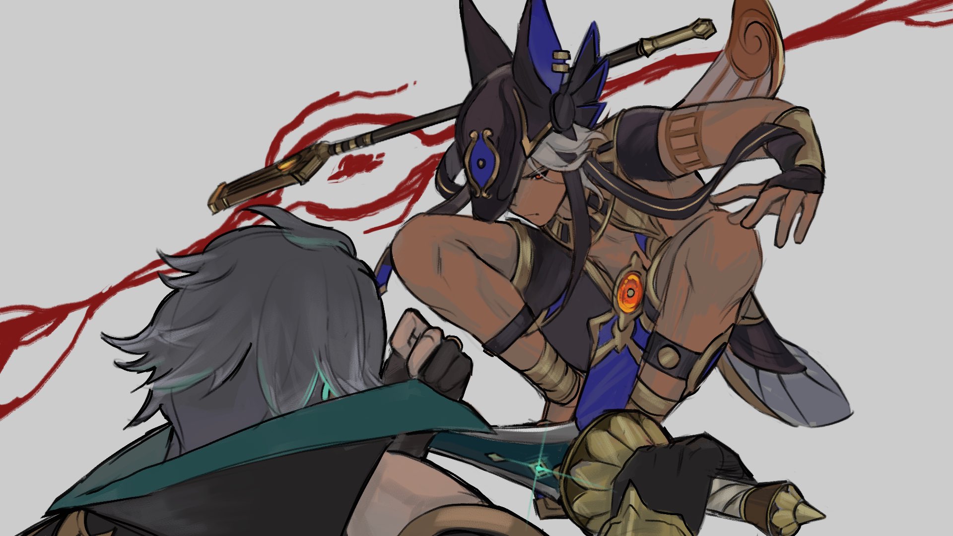 two characters are locked in a fierce battle. one character lunges forward with an electric spear, while the other character defends with a glowing sword. blood splatters around them, suggesting a fierce struggle.