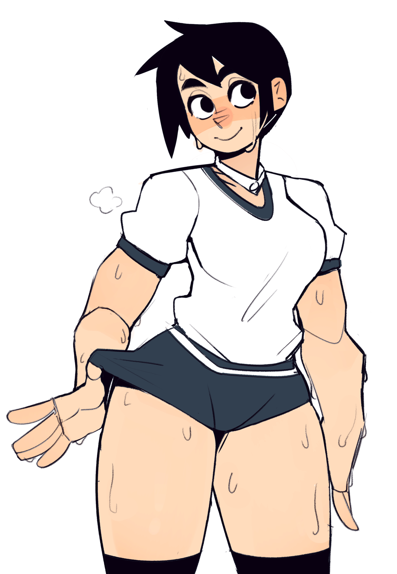 this is a drawing of an anime girl in a white shirt and blue shorts. she is sweating and looks tired, maybe from working out or playing sports. she has a smile on her face and looks happy.
