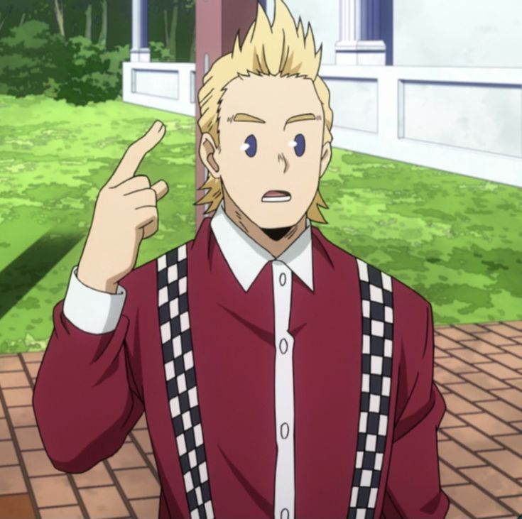this image shows a blondhaired anime character with a red shirt and checkered suspenders. the character is looking to the side with a concerned expression and has his hand on his chin. he is standing in an outdoor setting that looks like a schoolyard. the background of the image is a grassy field and a brick walkway.