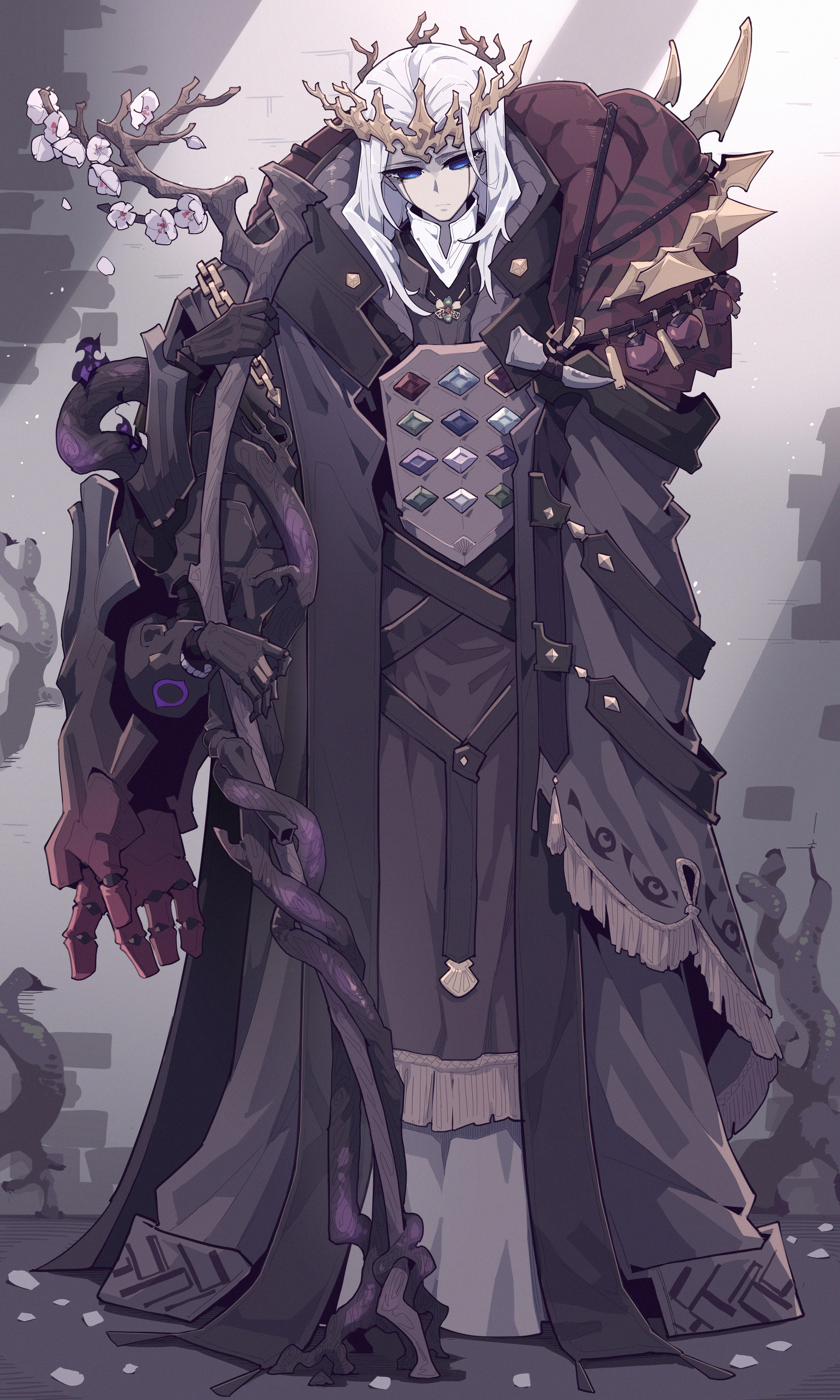 the image is a fullbody illustration of a male character in a fantasy setting. he appears to be a wizard or mage with royal or noble status, indicated by his crown. he has long, flowing white hair and wears a long, ornate coat with a cape. his attire includes gemstone armor on his chest. he holds a staff entwined with tentacles in one hand, while the other is a mechanical arm. the setting appears to be indoors, possibly within a stylized or fantasy building. the style is reminiscent of anime or manga, with a focus on character design and ornate details.
