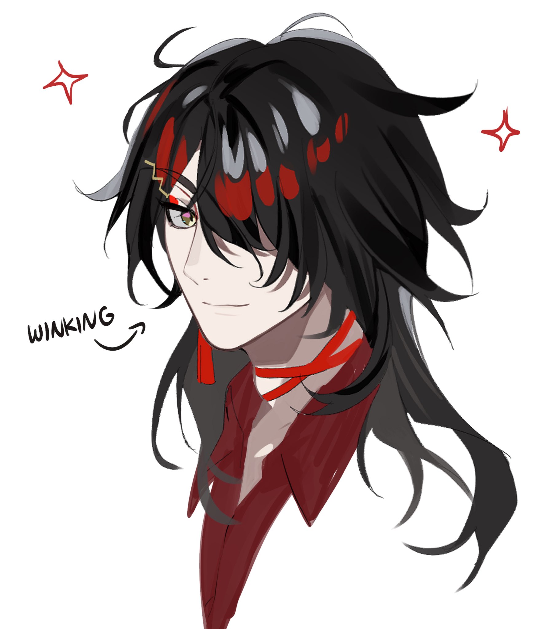 this is a digital art illustration of an anime boy character with black hair, a red ribbon, a red scarf, and a cute smile. he is winking and has a slight blush. the art style is very animeinspired and has a very cute aesthetic. the background is a white void. the art is detailed and welldone.