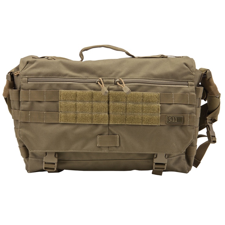 this is a brown 5.11 tactical messenger bag with a large molle panel on the front.  it has a zippered top closure, a buckle flap closure, a handle, and a shoulder strap. the bag is made of a durable, waterresistant material and is designed for everyday carry.