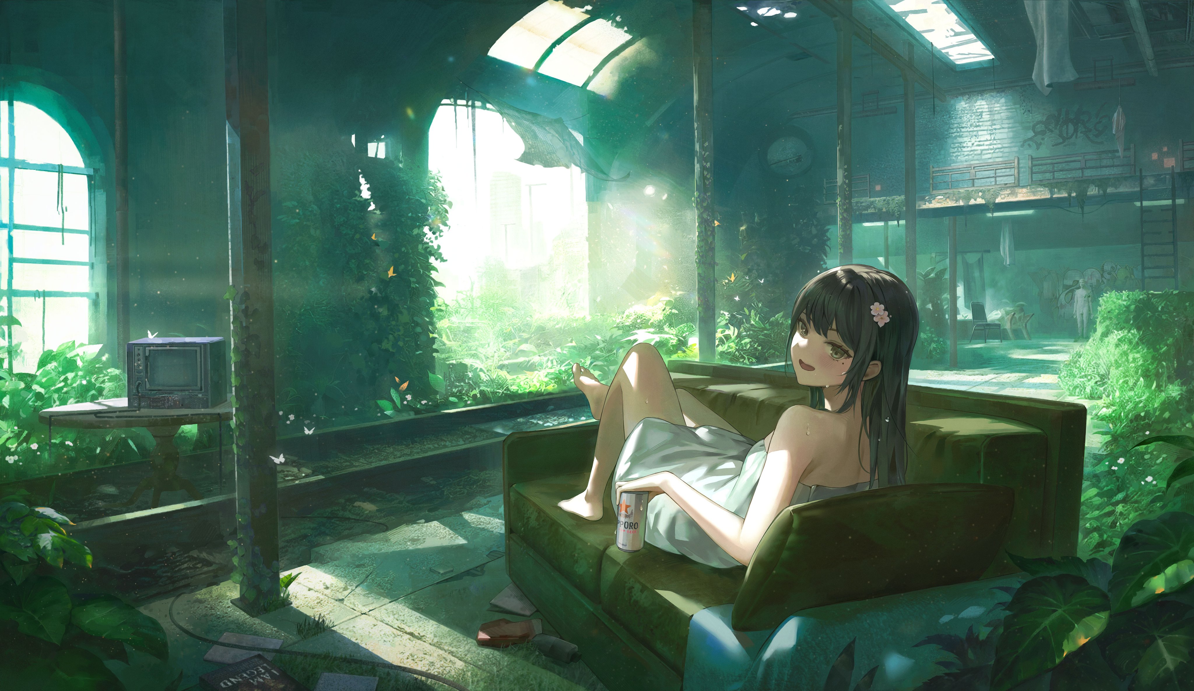 the image shows an anime girl with long brown hair relaxing on a couch in a lush, overgrown abandoned building.  she's wrapped in a towel, holding a can of oro drink. sunlight streams in through large windows, illuminating the plants that have taken over the space. the overall atmosphere is peaceful and serene.  an old television sits on a nearby table, adding to the sense of timelessness. the art style is digital painting, highly detailed and evocative of a fantasy or postapocalyptic setting.