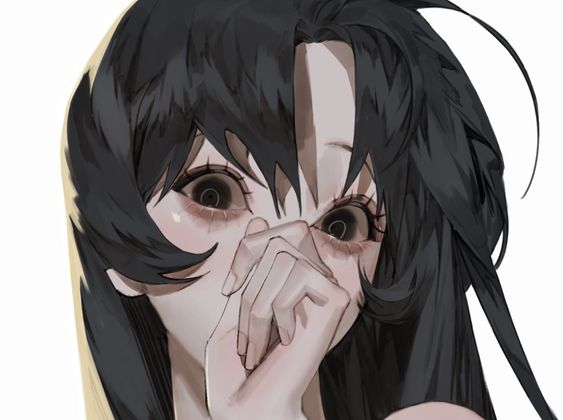 this is a closeup illustration of a young woman with large, captivating eyes and long black hair. she is covering part of her face with her hand, adding an air of mystery to her expression. the art style is reminiscent of anime and features delicate linework and a soft color palette.