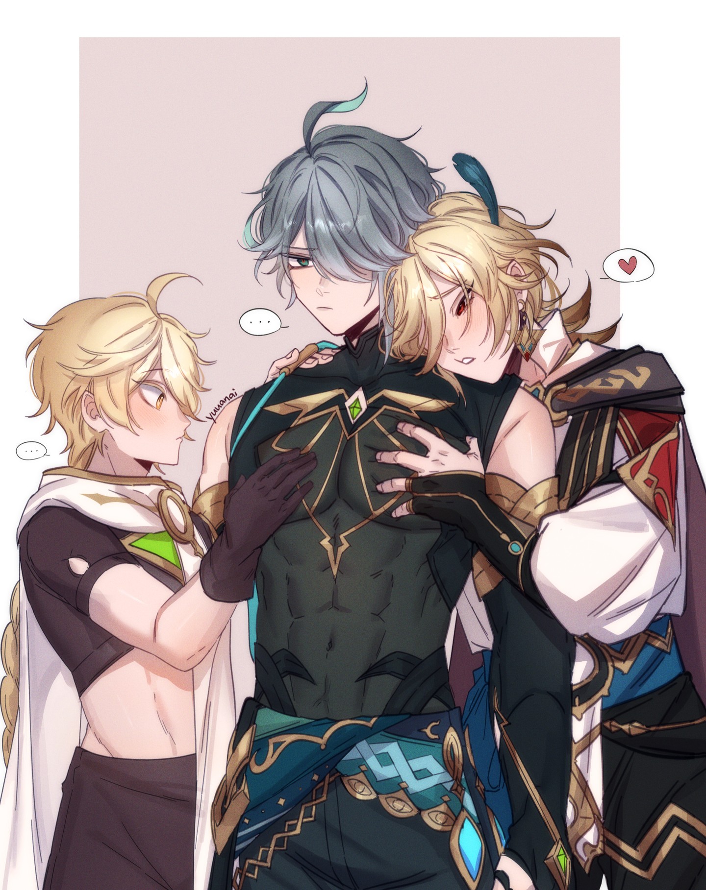 digital fanart drawing depicting three male characters from the video game genshin impact. the central character appears to be xiao, with venti and albedo on either side. they are close together, with albedo and venti embracing xiao affectionately.  the style is animeinfluenced, with soft colors and detailed clothing. the scene conveys a sense of closeness and affection between the characters.