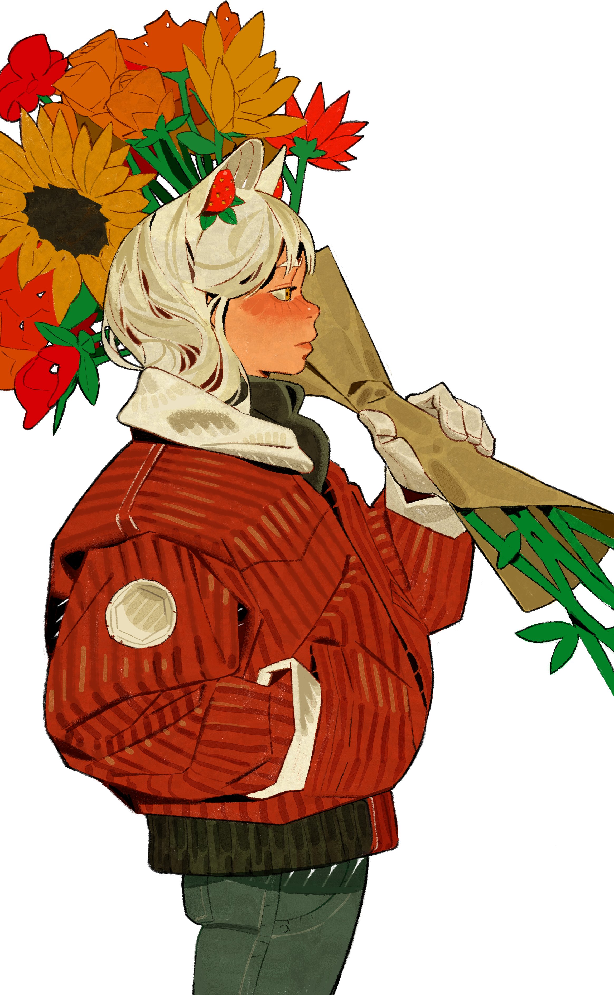 the image is a stylized digital painting or illustration of an animestyle young woman. she has long white hair with catlike ears adorned with small strawberries. she's wearing a reddishorange striped jacket, dark green pants, and seems to be carrying a large bouquet of sunflowers, and other autumnal flowers in a brown paper bag held over her shoulder. the style is a blend of realism and anime, with soft shading and detailed clothing textures. the color palette is warm and autumnal, with the reds and oranges of the jacket and flowers contrasting with the greens and whites. the overall mood is calm and slightly melancholic.