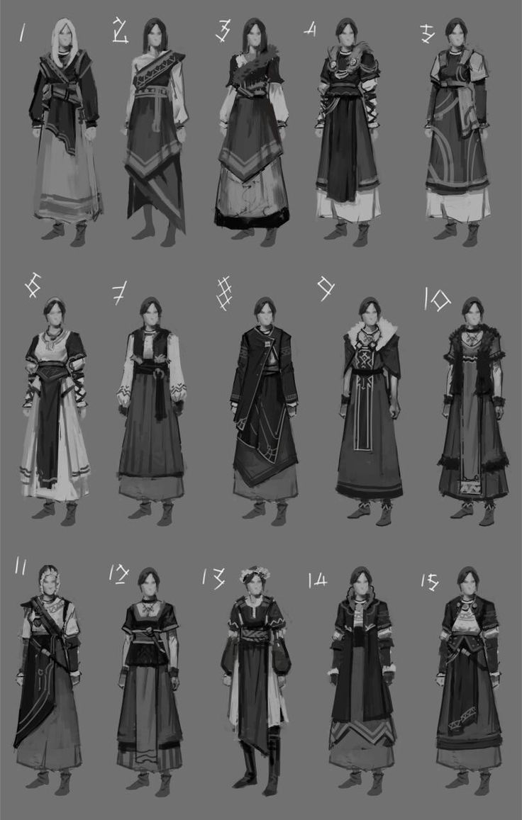 a black and white sketch of 15 female characters in different styles of medieval fantasy clothing. each character is labeled with a number from 115. they are all drawn in a simple, minimalist style.