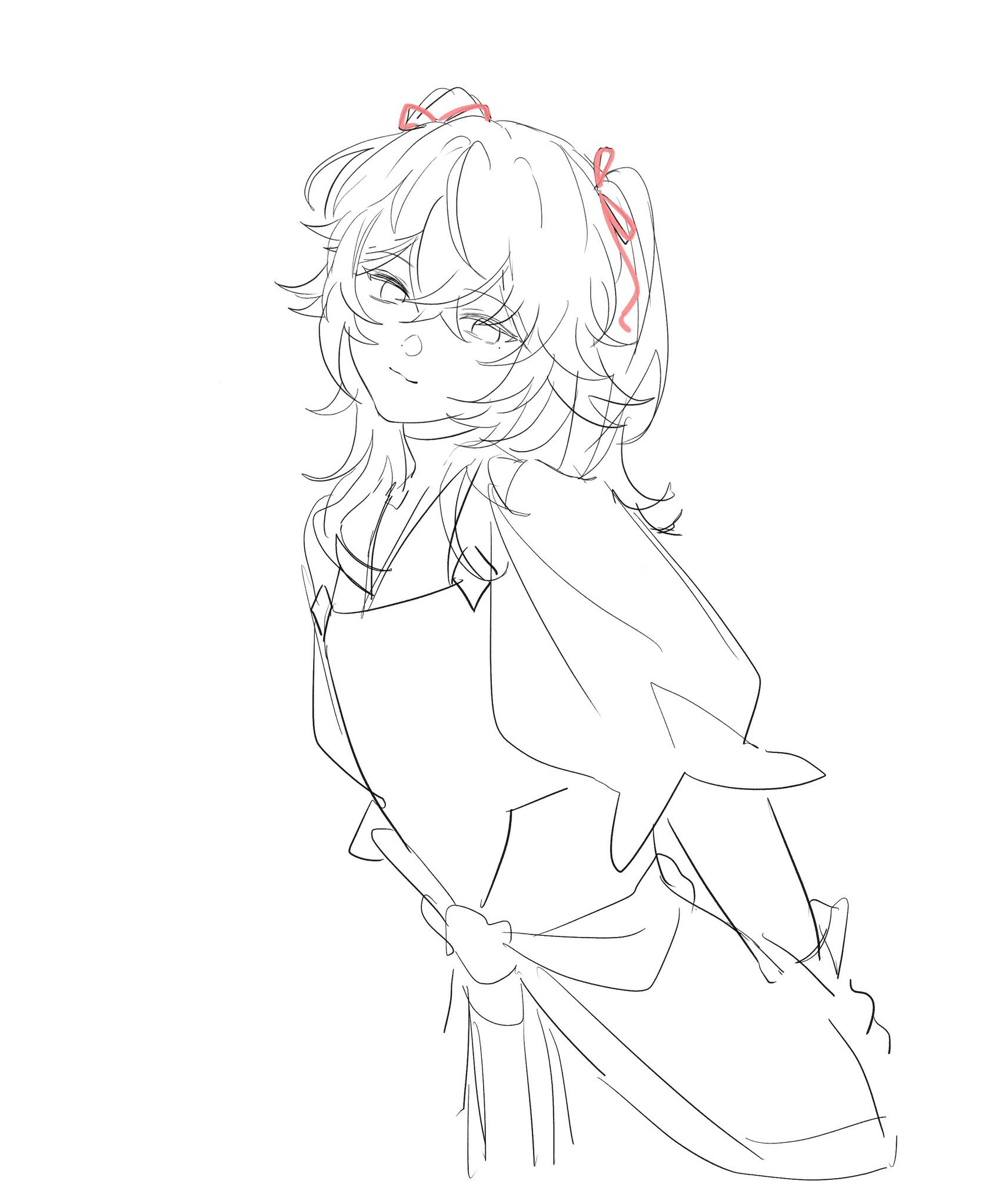 this is a drawing of an anime girl with long black hair and red bows in her hair. she is wearing an apron. the drawing is done in black and white with simple lines. the girl looks cute and casual.