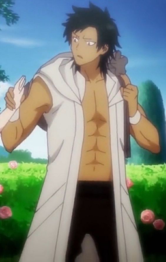 an image of a muscular, darkhaired anime character standing in what appears to be a garden setting. he has a surprised or confused expression. he wears a white, hooded, sleeveless coat open at the front, revealing his bare, toned chest. he's also wearing dark pants. the background shows a hedge, green bushes and hints of pink roses. the overall lighting is bright, suggesting a sunny day.