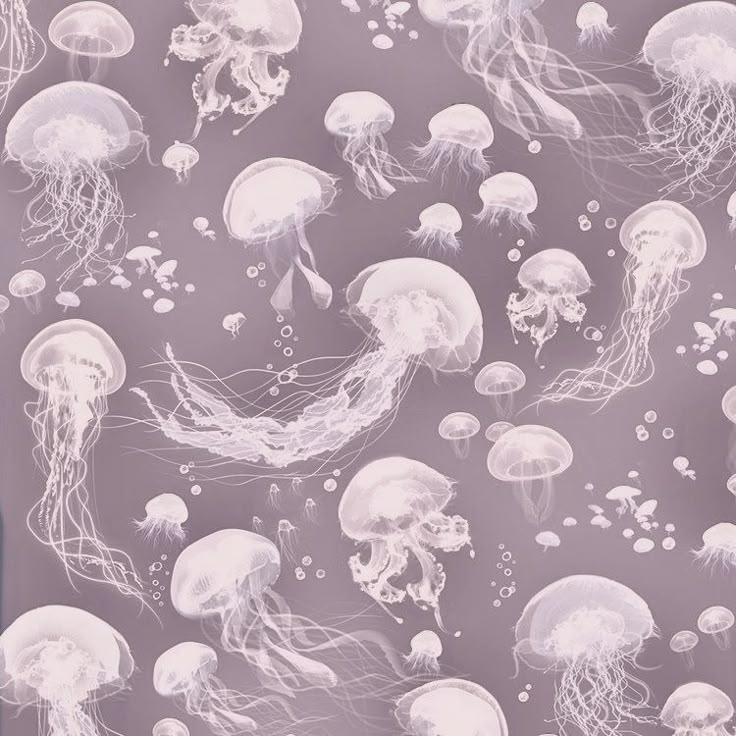 a seamless pattern of translucent jellyfish of various sizes against a light purplegray background. bubbles are scattered around the jellyfish, adding to the underwater feel. the jellyfish are depicted with flowing tentacles and translucent bodies.