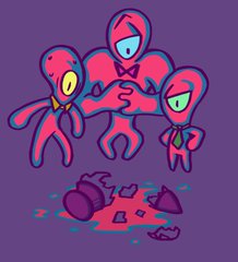 three stylized cartoon characters with large eyes, bow ties, and elongated limbs stand in a celebratory pose. the central character holds the hands of the others, while a broken object with spilled liquid lies on the ground below them.