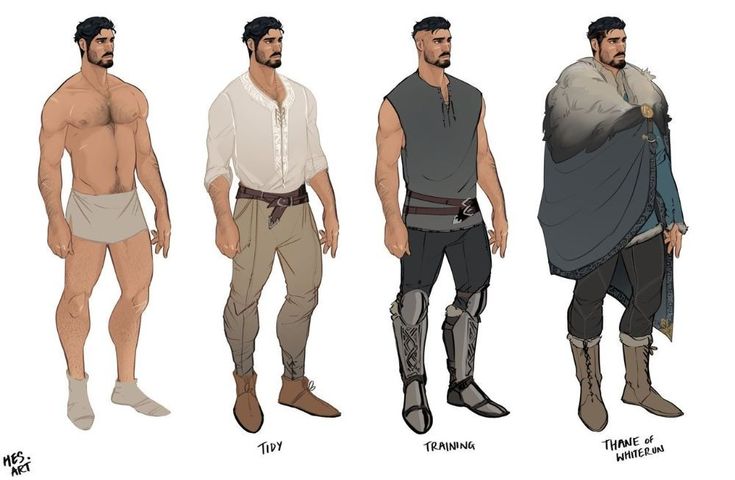 this image shows a character design for a fantasy warrior.  the character is depicted in four different outfits: naked, dressed for "tidy" activities, dressed for "training", and dressed for "thane of whiterun". the character is muscular and has a hairy chest.