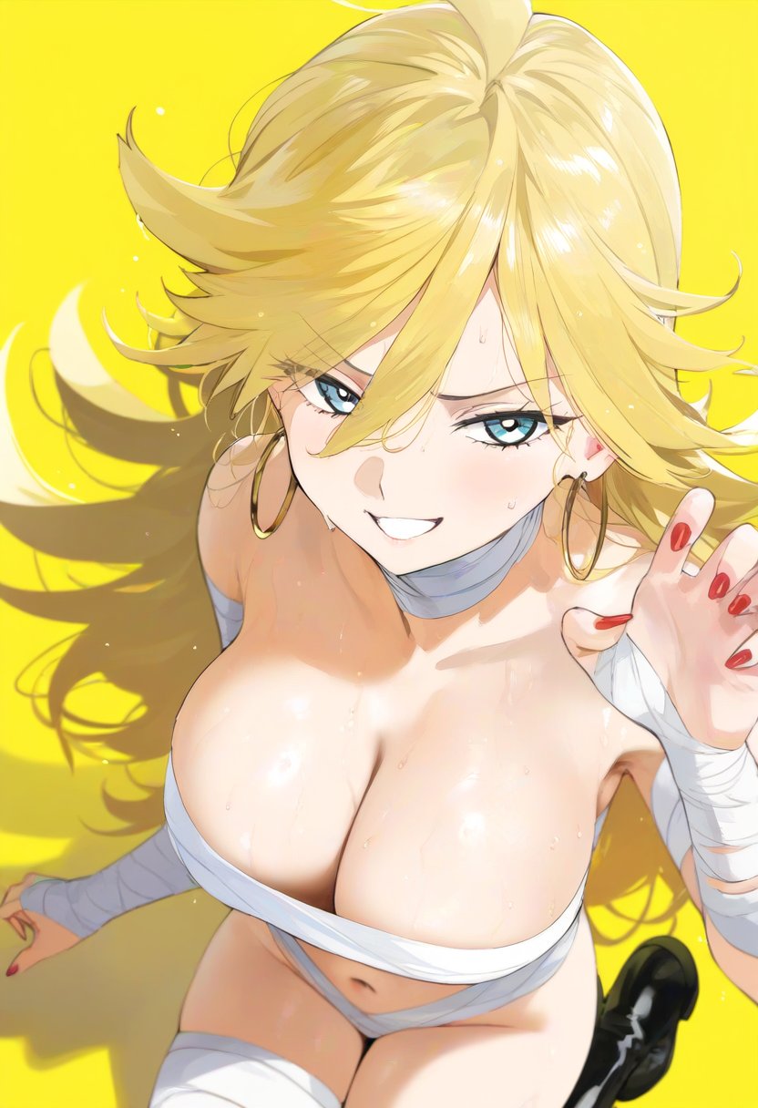 an anime girl with long blonde hair and blue eyes smiles down at the viewer. she is wearing a white bandage over her chest and a white clothing. she has red nails and is standing against a bright yellow background.