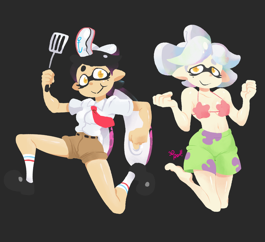 this is a digital illustration of two squid girls from the video game splatoon. they are dressed in outfits from the cartoon spongebob squarepants. one is dressed as spongebob and the other is dressed as sandy cheeks. they are both smiling and seem to be enjoying themselves.
