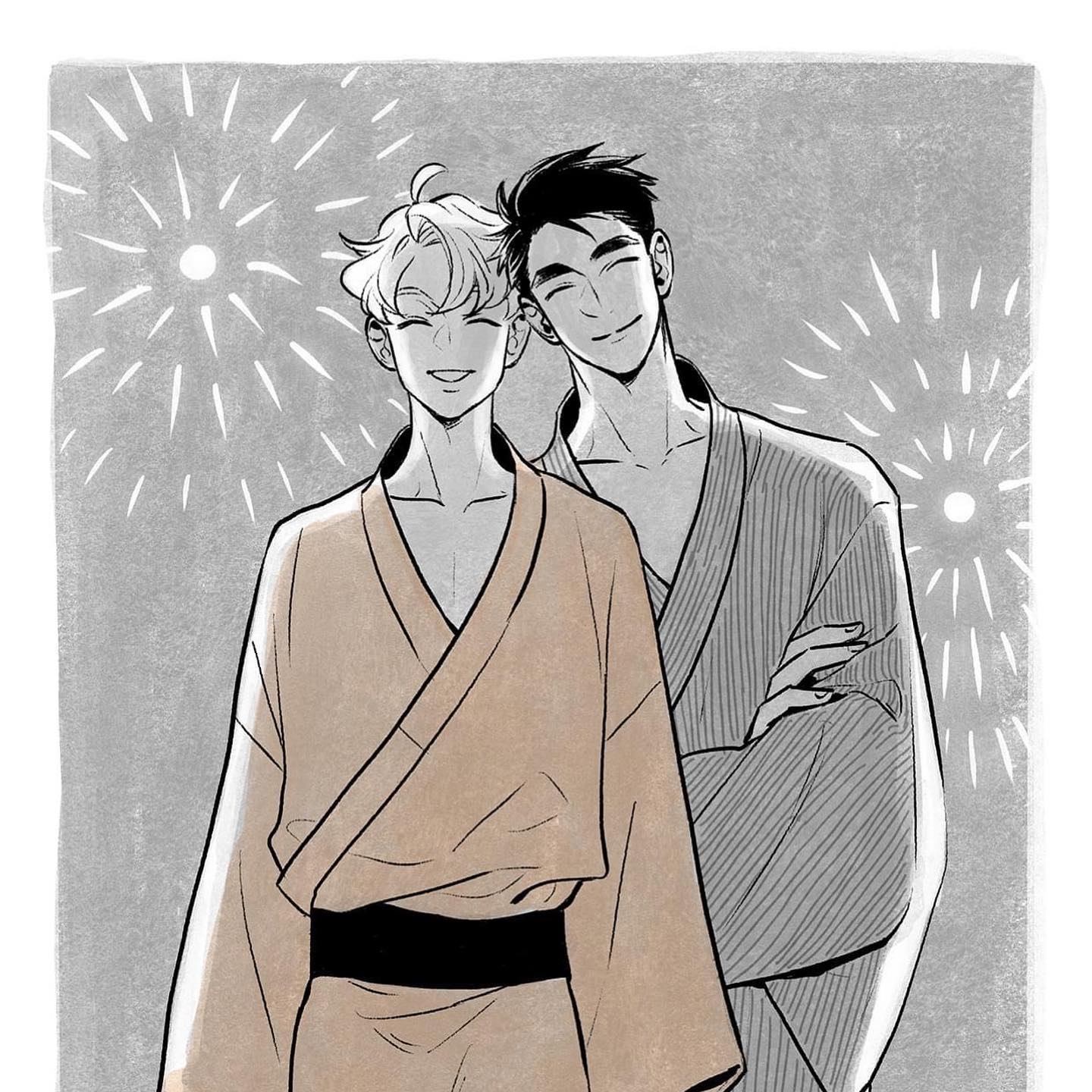 the image is a grayscale and light brown colored illustration in the style of manga or anime art. it depicts two young men, possibly a couple, wearing yukata (light summer kimonos). one man has light hair and is wearing a light beige yukata, while the other has dark hair and wears a darker gray yukata. they are standing close together, smiling and embracing, set against a backdrop of stylized fireworks, suggesting a summer festival or celebration. the overall mood is romantic and joyful.  the art style is clean and expressive, focusing on the characters' emotions and the intimate nature of their connection.