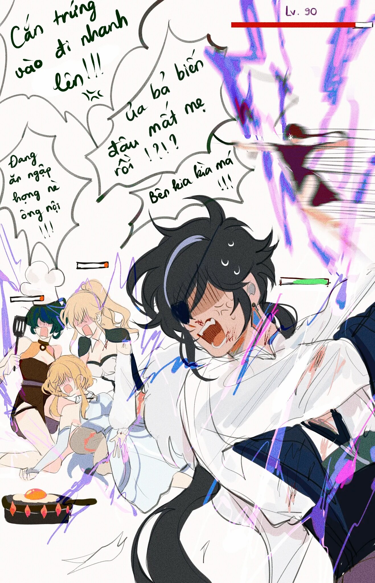 he image is a vibrant and dynamic animestyle illustration depicting a chaotic scene.  a central female character with black hair, wearing a white shirt and dark pants, is at the center of the action, appearing distressed and injured, with scratches visible on her clothing. she's screaming and surrounded by three other female characters, who look equally surprised and possibly involved in the conflict.  the background features motion blur and energy effects suggesting a powerful impact or explosion. speech bubbles filled with vietnamese text are scattered around, adding to the narrative of a fastpaced and tense situation. one speech bubble indicates a level, "lv. 90," suggesting a gaming or rpg context.  the art style is loose and expressive, prioritizing movement and emotion over fine detail. in the lowerleft corner, there’s a frying pan with an egg, possibly hinting at a sudden disruption of a cooking activity before the chaos ensued.