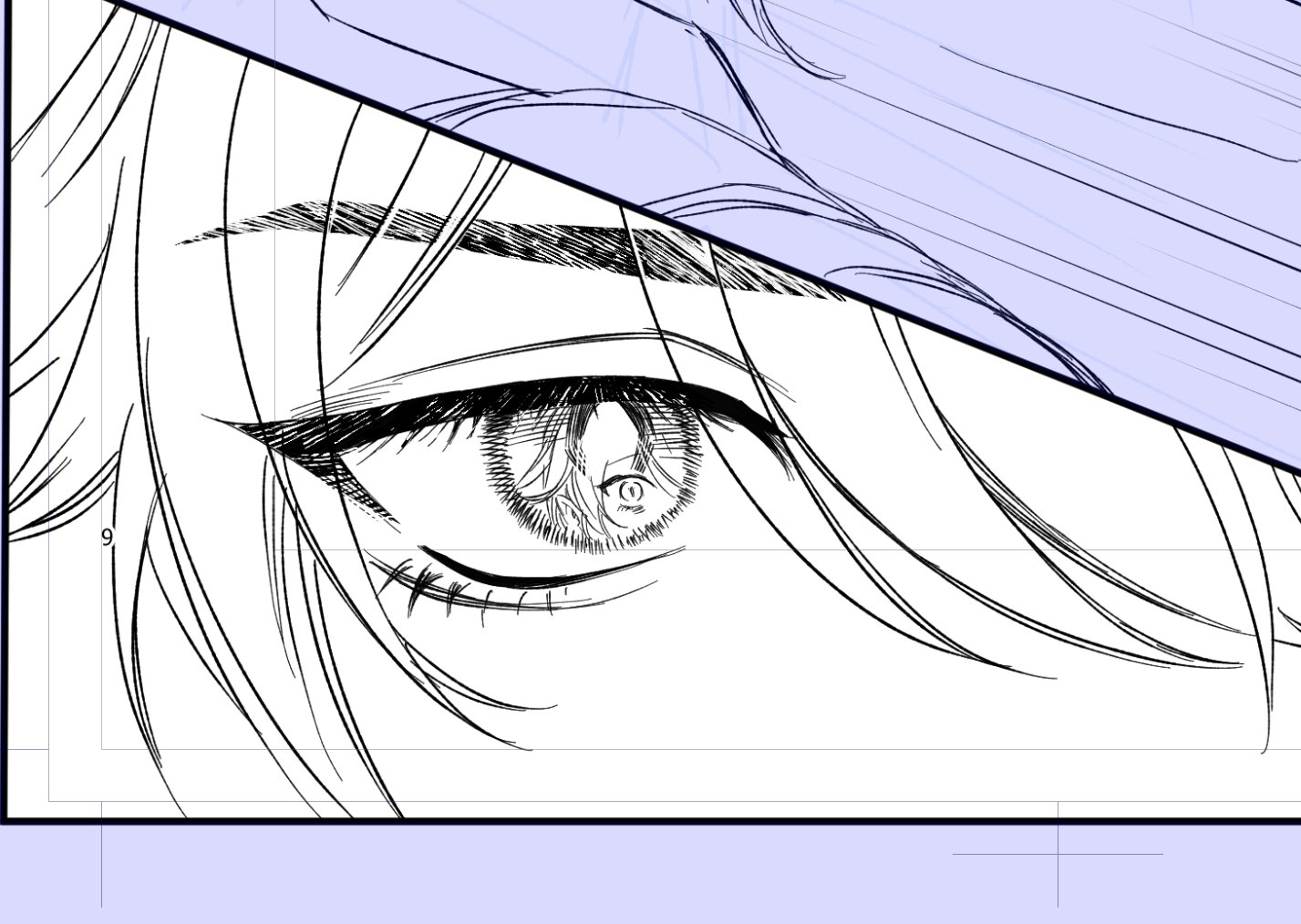 this is a black and white drawing of a girl's eye. the eye is looking straight at the viewer. the hair is drawn in detail around the eye.  there is a reflection of another eye in the iris of the girl's eye. this image is likely from a manga or anime.  the image is cropped to show just the eye and hair of the subject.