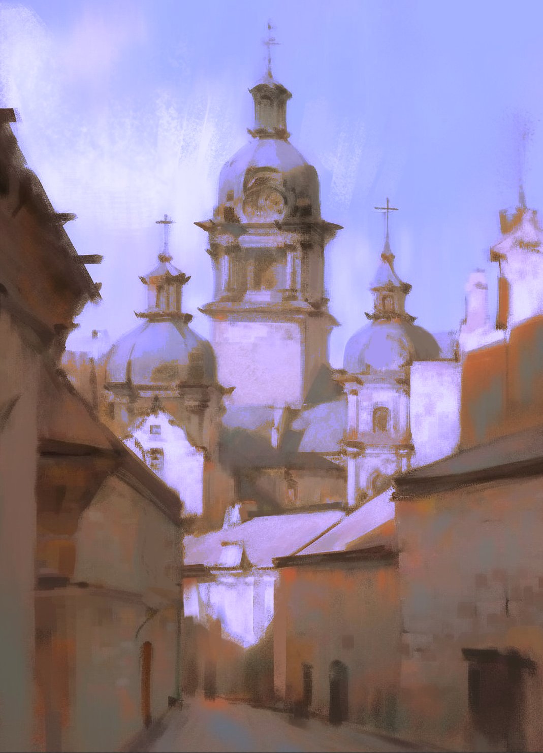 the image depicts a narrow street in an old town, with a tall church tower dominating the background. the buildings are a mix of traditional and modern styles, with some featuring ornate details while others have a more austere look. the street itself is narrow and cobbled, with a few shadows cast by the surrounding buildings. the sky is a soft blue, with a few wispy clouds. the overall atmosphere is peaceful and serene, creating a sense of history and tranquility. the painting is done in a muted palette of warm and cool colors, which adds to the overall mood of the scene. the artist has skillfully used light and shadow to create depth and dimension, and the perspective is wellexecuted, drawing the viewer's eye towards the church tower in the background.