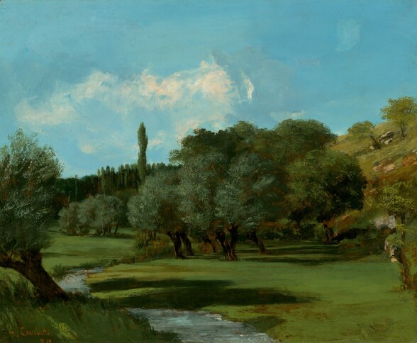 a landscape painting by courbet, depicting a green field with trees, a stream, a hill on the right, and a blue sky with clouds.