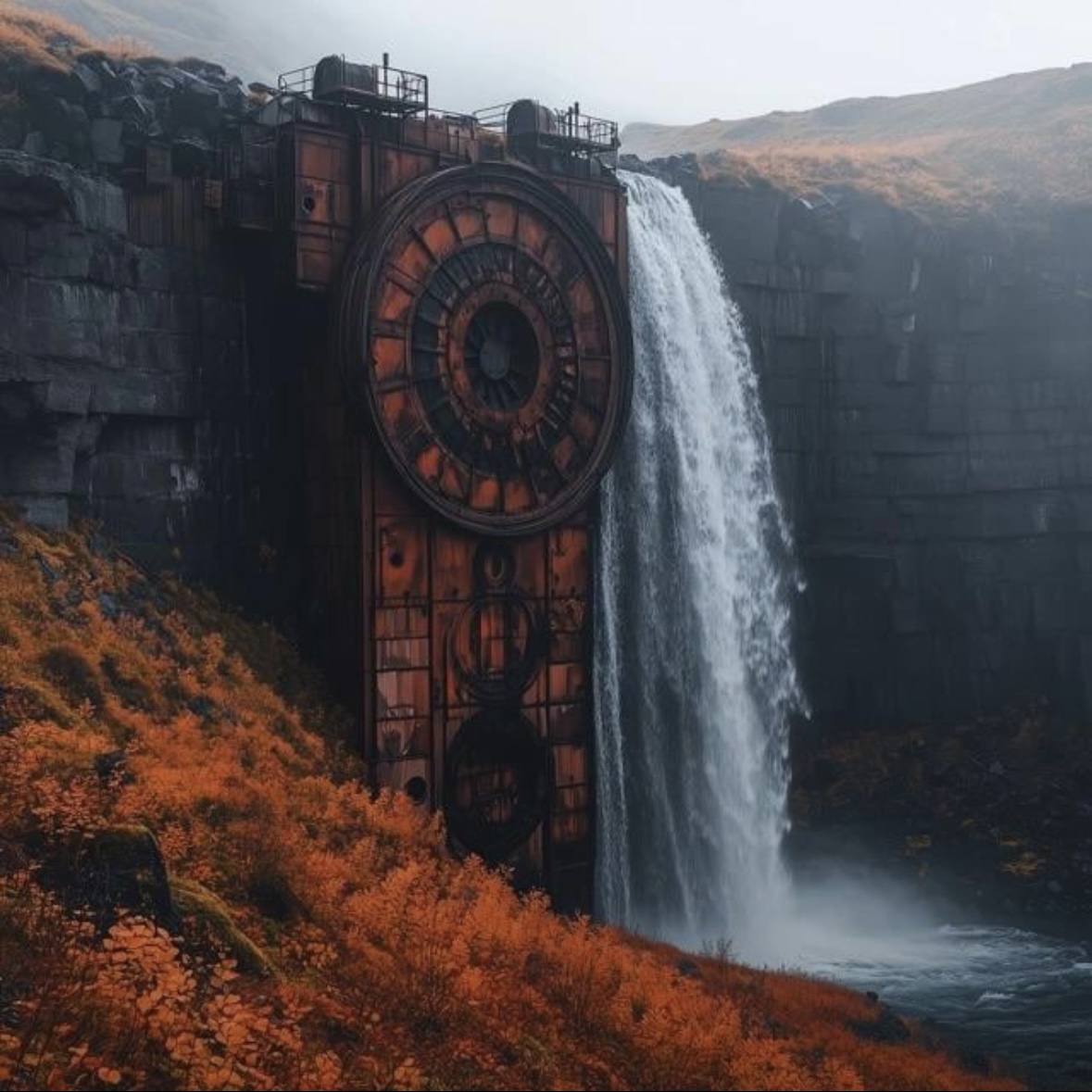 a waterfall cascades down a cliffside, its water flowing over a rusty, clockshaped structure embedded in the rock face. the surrounding landscape is covered in a vibrant carpet of autumn foliage. the scene is a blend of natural beauty and industrial remnants.
