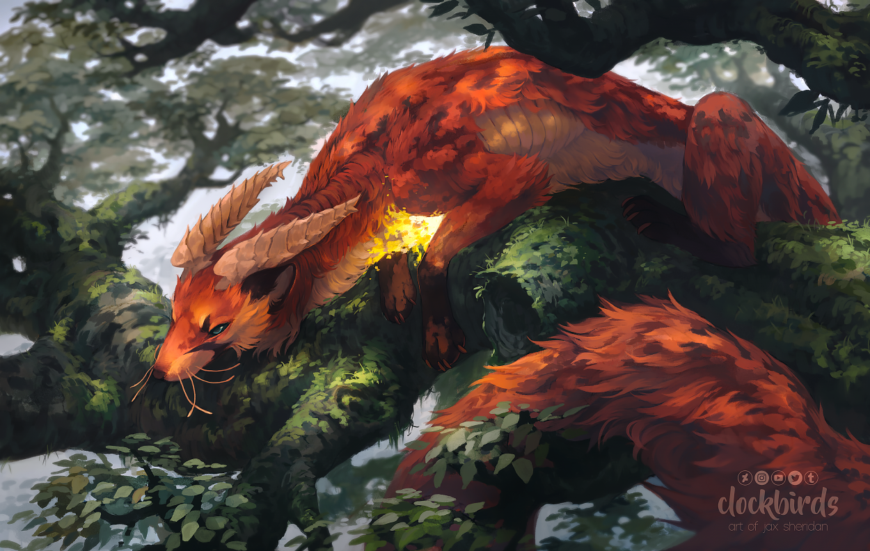 a large, red, dragonlike creature with horns is curled up on a tree branch in a forest. it has glowing yellow markings on its chest. the scene is lit with soft, dappled light.