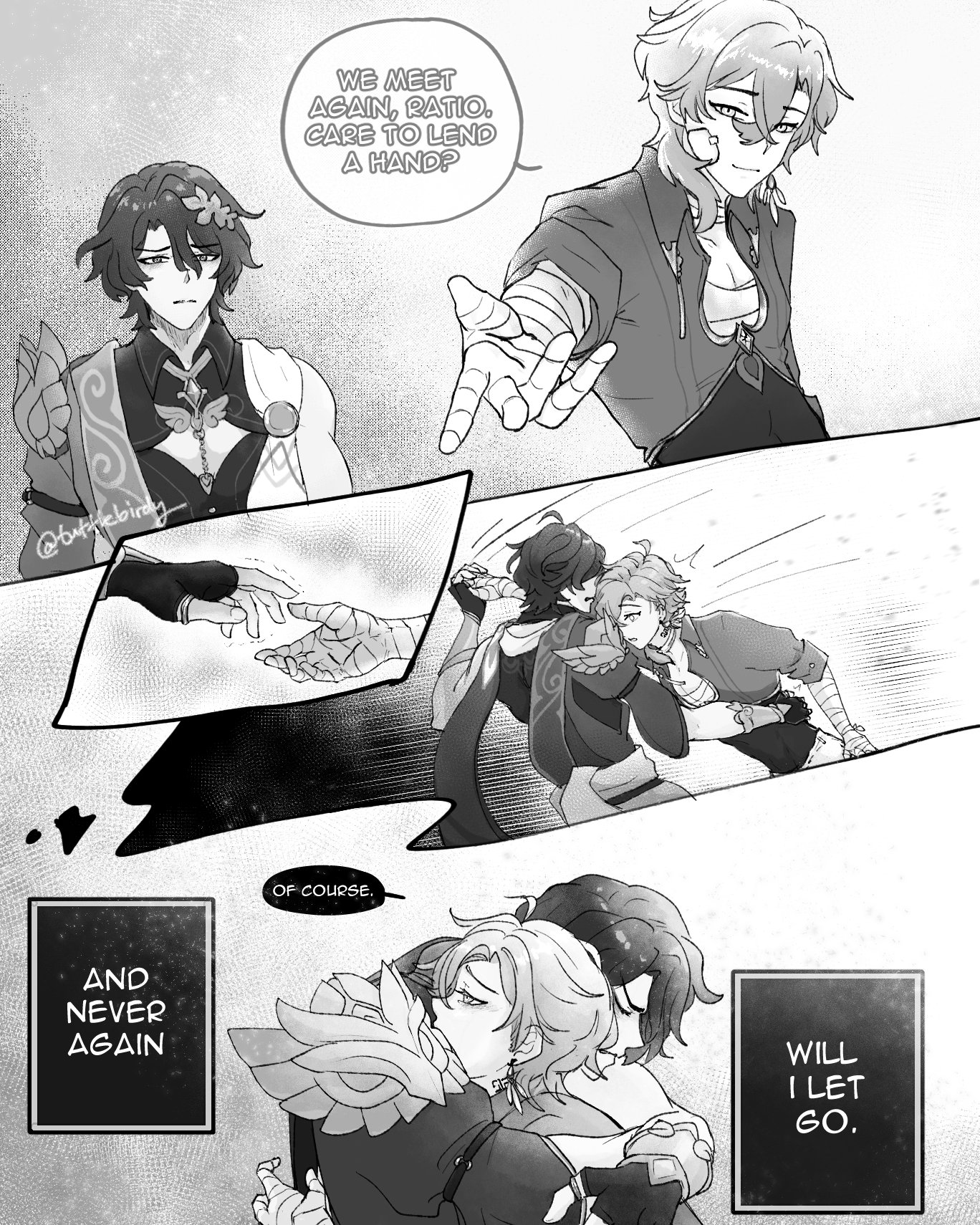 he image is a black and white fanart depicting a romantic scene between albedo and raiden shogun from genshin impact.  it's presented as a short comic strip. the first panel shows raiden shogun offering a hand to albedo, the second panel shows them holding hands in a tender moment, a later panel shows them embracing, and the final panel shows them in an affectionate hug with suggestive emotional text. the art style is soft and emotive, emphasizing the feelings between the characters.
