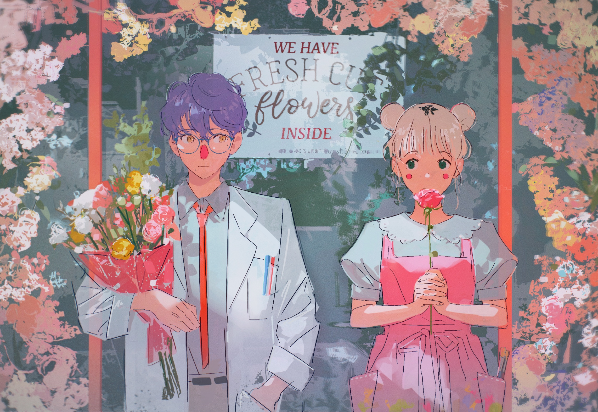 a young man and woman are standing in front of a flower shop. the man, dressed in a white coat and red tie, holds a large bouquet of colorful flowers. the woman, wearing a pink dress, delicately holds a single red rose. both seem happy, lost in their own thoughts as they stand amidst a vibrant display of blossoms framing the shop's entrance.