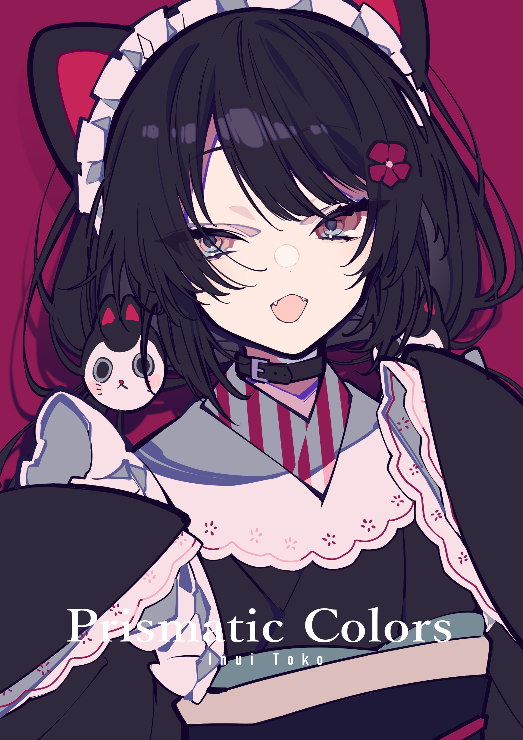 the image is an animestyle illustration of a girl dressed in a maidstyle outfit with cat ears. she has black hair, pink eyes, and is wearing a collar/choker. she also has a red flower in her hair and is wearing a kimonolike garment. a small cat doll is present on her shoulder. the words "prismatic colors" and "inui toko" are written at the bottom. the background is a solid maroon color.