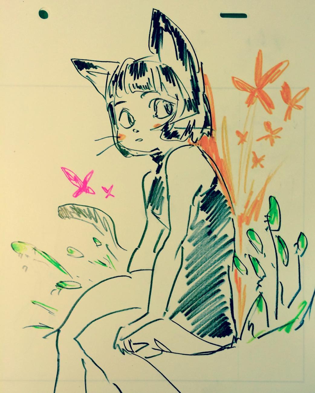 this is a whimsical sketch of a cat girl sitting amongst flowers and foliage.  she's drawn in a manga style with large eyes, a simple dress, and cat ears. there's a pink butterfly fluttering near her, and the overall feel is lighthearted and playful.