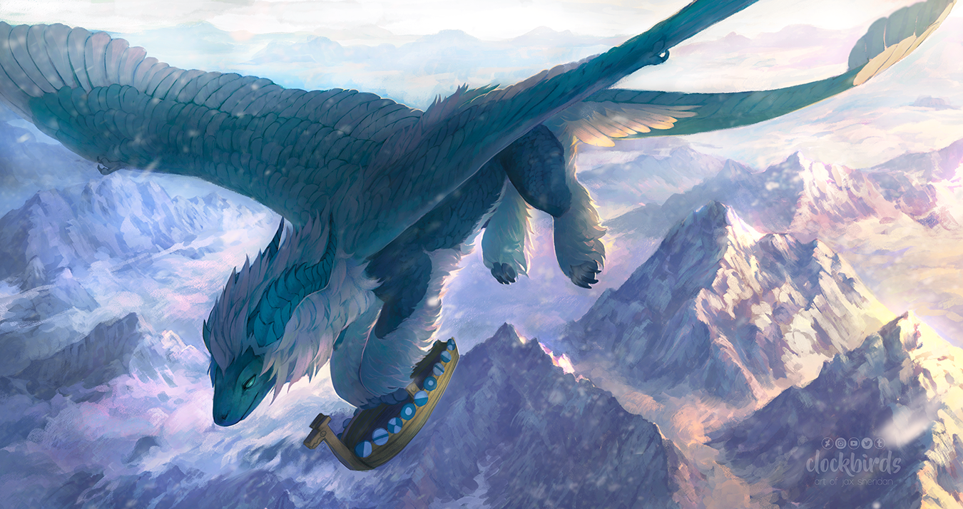 a pale blue dragon with feathery wings soars above a vast, snowcapped mountain range. it carries a miniature viking longship in its claws. the scene is bathed in the soft light of a cloudy sky.
