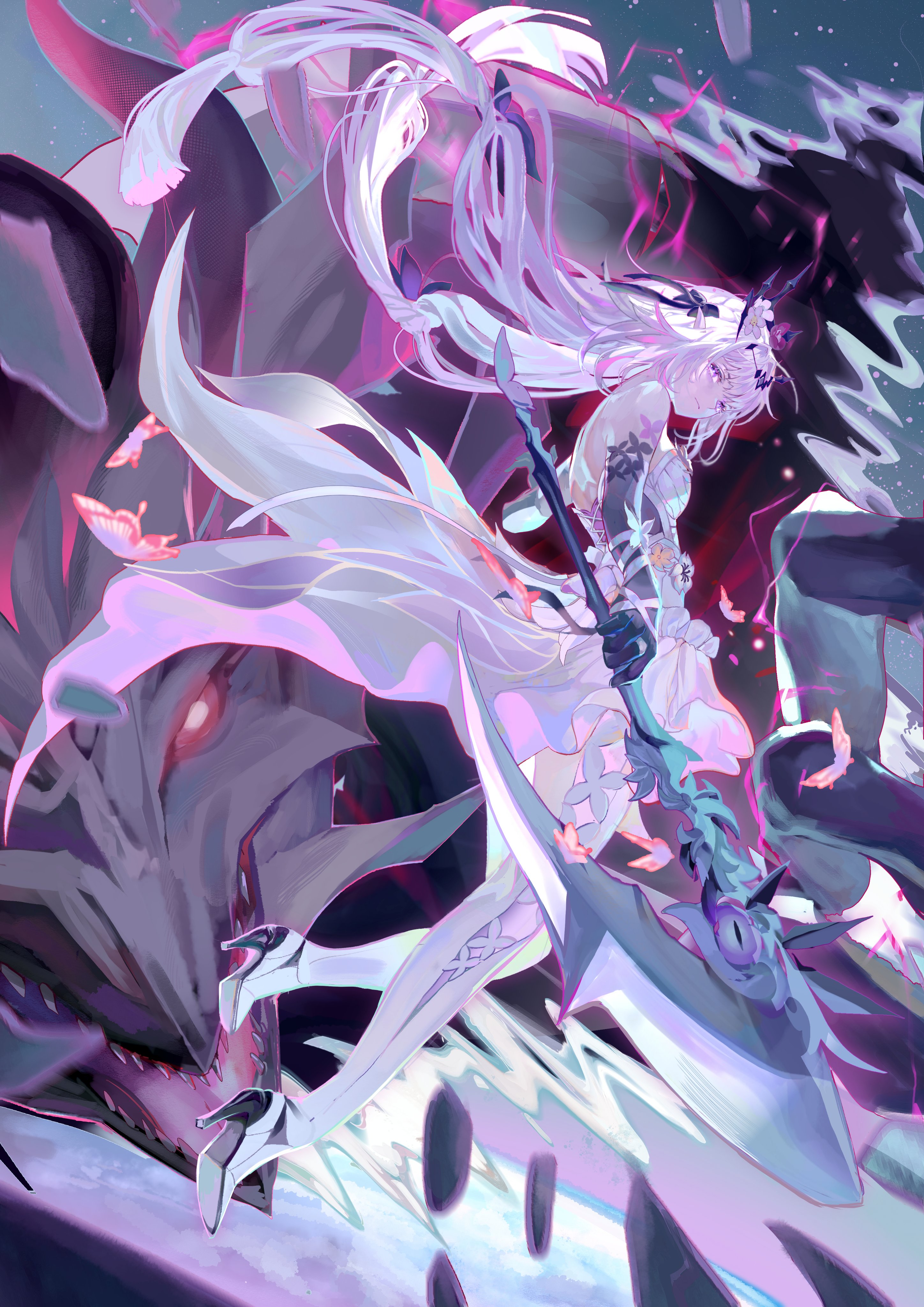 the image features an animestyle fantasy artwork of a woman wielding a scythe and standing beside a dragon. the woman has long, light purple hair and wears a white dress with intricate details. she holds a stafflike scythe adorned with a dragon eye. a large dragonlike creature looms beside her, appearing protective. butterflies flit around the figures, adding to the mystical atmosphere of the artwork.