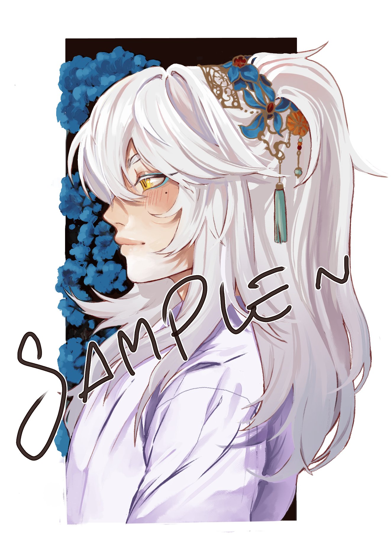 an illustration of an anime girl with long white hair, wearing a white dress and a headband adorned with blue and red flowers and gold jewelry. her long white hair is pulled back into a ponytail and she has blue eyes.  she is looking to the side with a slight smile on her face. the background is a dark blue and black color with blue flowers.  the words "sample" are written in black over the image.
