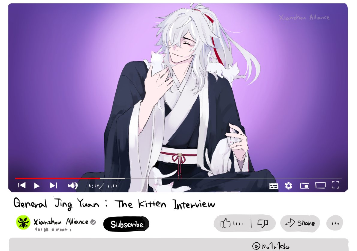 this is a digital illustration of the anime character, jing yuan, from the mobile game, honkai star rail. jing yuan is a character who is known to have a love for kittens, so the video title accurately describes the illustration. jing yuan is smiling and is holding a kitten. jing yuan is wearing a black and white outfit with white hair. this looks like a still from a youtube video, with the bottom bar displaying the channel, "xianzhou alliance", a subscribe button, a thumbs up, and share buttons. the video description says "general jing yuan: the kitten interview".