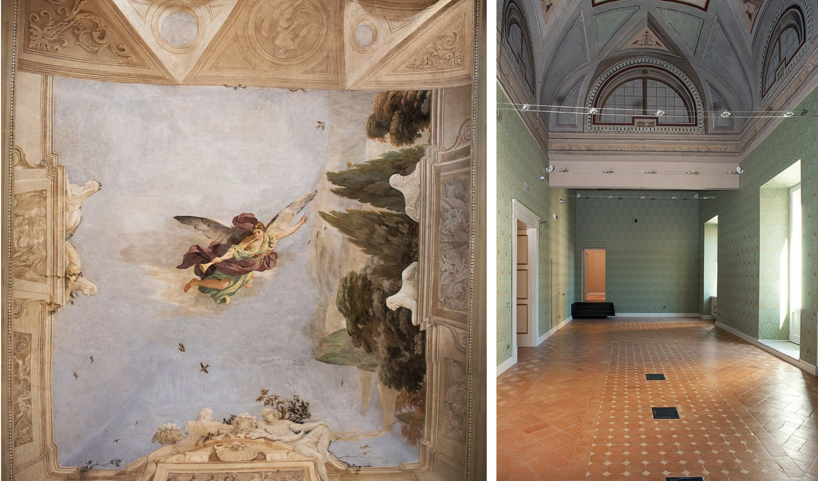 the image shows two different rooms. the first room has a beautifully painted ceiling with a fresco of an angel, sky, and landscape, and architectural details. the second room is an empty room with green patterned wallpaper, arched ceilings, windows, a doorway, and a patterned brick floor.