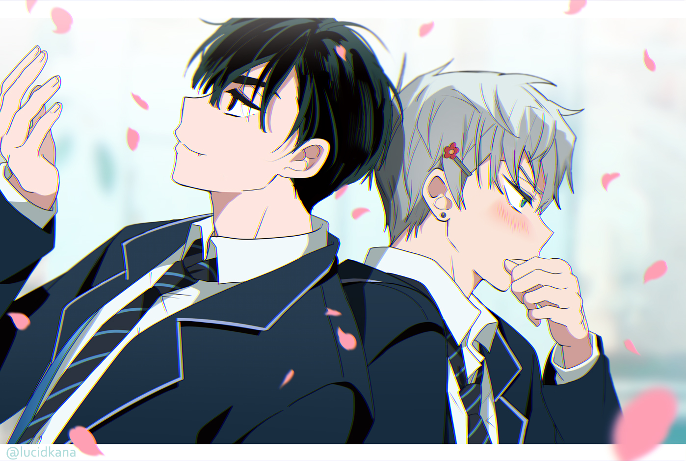 the image features two anime boys in school uniforms. they are standing close to each other, with the boy on the left holding the boy on the right's hand and looking at him with a loving expression. the boy on the right is blushing and looking down, appearing shy and happy. the background is a light blue color with pink flower petals falling around them. the image is a cute and romantic depiction of two boys in love.