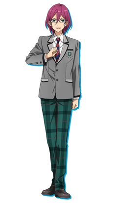 the image features an animestyle male character with pink hair and green eyes. he is wearing a gray blazer with a teal emblem, a white shirt, a blue tie, and green plaid pants. he is depicted in a standing pose against a white background, with his left hand adjusting his tie.