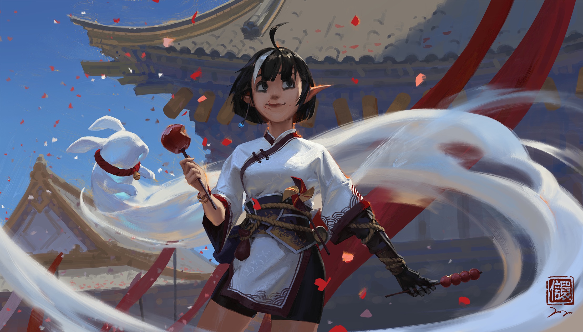 the illustration showcases an animestyle girl with short black and white hair and elflike ears, dressed in a stylish blend of japanese and chinese traditional clothing. she holds a candy apple and a tanghulu skewer, with a small, white rabbitlike creature beside her.  a strong wind swirls around her, creating dynamic movement. the setting appears to be a vibrant festival in a traditional east asian architectural environment, with red and white decorations visible in the background.  the overall style is a dynamic digital painting, full of color and energy. the girl's expression is joyful and carefree.