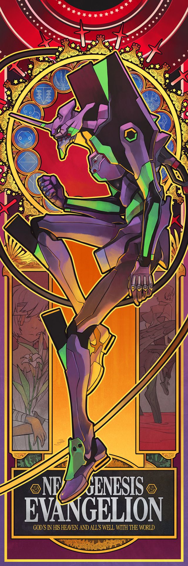 the image is a vertical artwork featuring unit 01 from neon genesis evangelion in a stained glass style. the mecha is depicted in a dynamic pose against a background reminiscent of a church window, with vibrant colors and intricate details. the lower section includes the title "neon genesis evangelion" and the famous quote "god's in his heaven, all's right with the world". the overall aesthetic combines the futuristic elements of the anime with the classical art style of stained glass.
