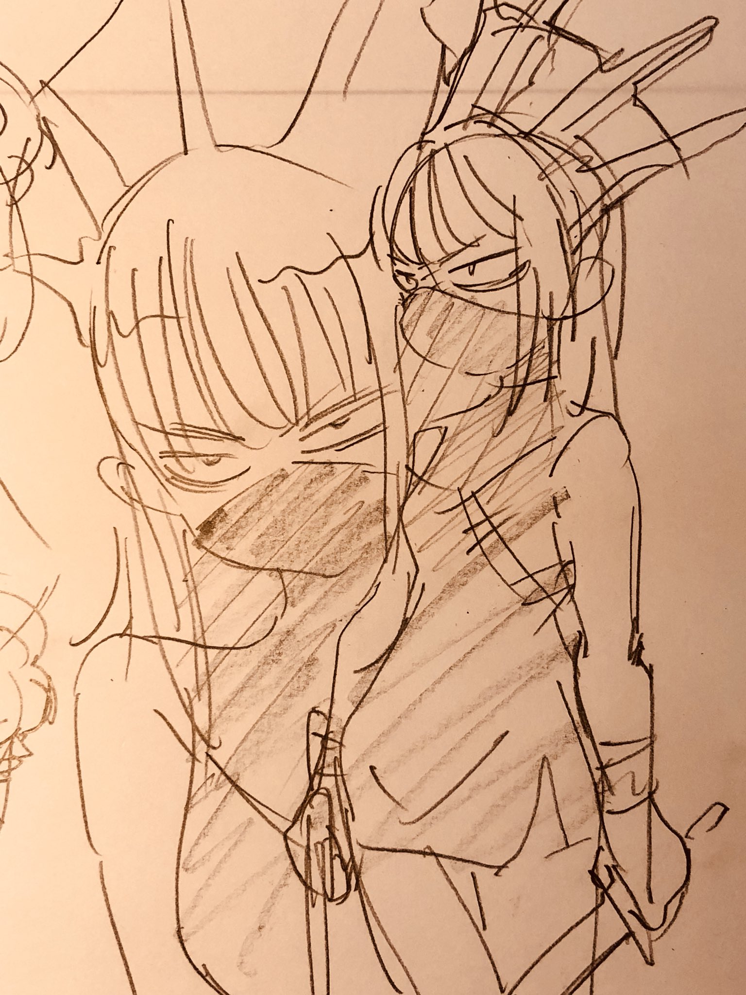 this is a sketch of two female characters. they are both wearing masks that cover their noses and mouths. the person in front has long hair and horns.  they are holding a sword at their side.  the other person is wearing a hat with horns and has a more serious expression.