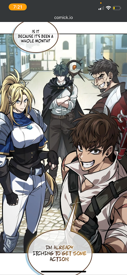 this manga panel shows five characters. the foreground shows a male character with brown hair, he is excited and holding a sword. behind him are two other characters.  the character on the left is a female with blonde hair, she is also holding a sword. the character on the right is a man with black hair. the male character on the left is a man with black hair, and he has his hands in his pocket.  the image is drawn in a black and white style.  a speech bubble from the foreground male character is calling out 'i'm already itching to get some action!'   the background is a street scene. the characters are in a lively, exciting, and dynamic poses.