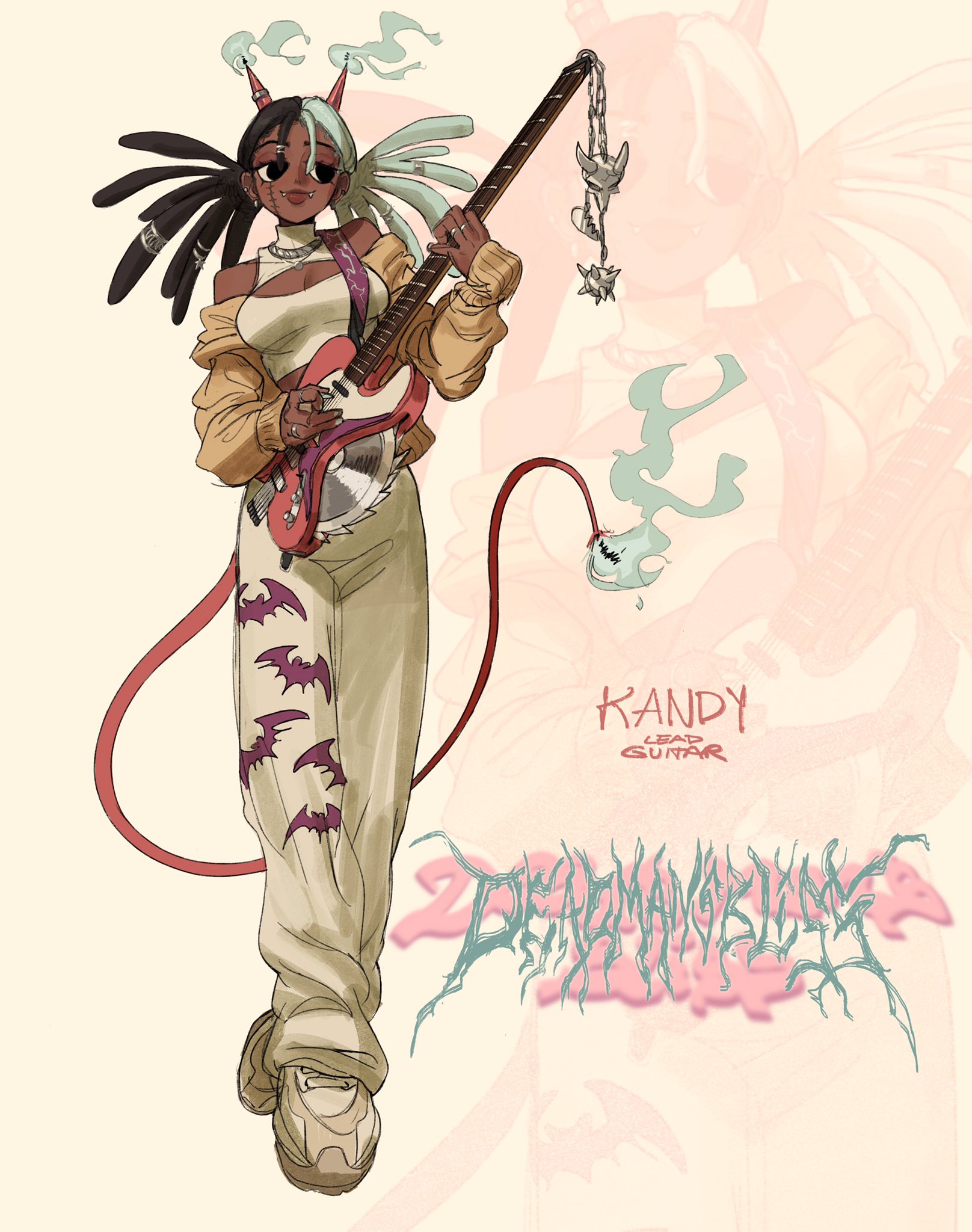 the image is a digital illustration of a stylized female character named kandy, the lead guitarist of the band deadmangling.  she has demonlike horns and a teal and black hairstyle.  she's depicted playing a modified electric guitar with a circular saw blade at the end. her outfit is a combination of pasteltoned clothing and darker elements, such as batshaped patterns on her pants, reflecting a pastel goth aesthetic. the background features abstract, pastel shapes and imagery suggesting wings or a hazy aura. the band name "deadmangling" is written in a stylized metal band font.  the overall style is a blend of anime/manga influences with a modern, alternative fashion sensibility.