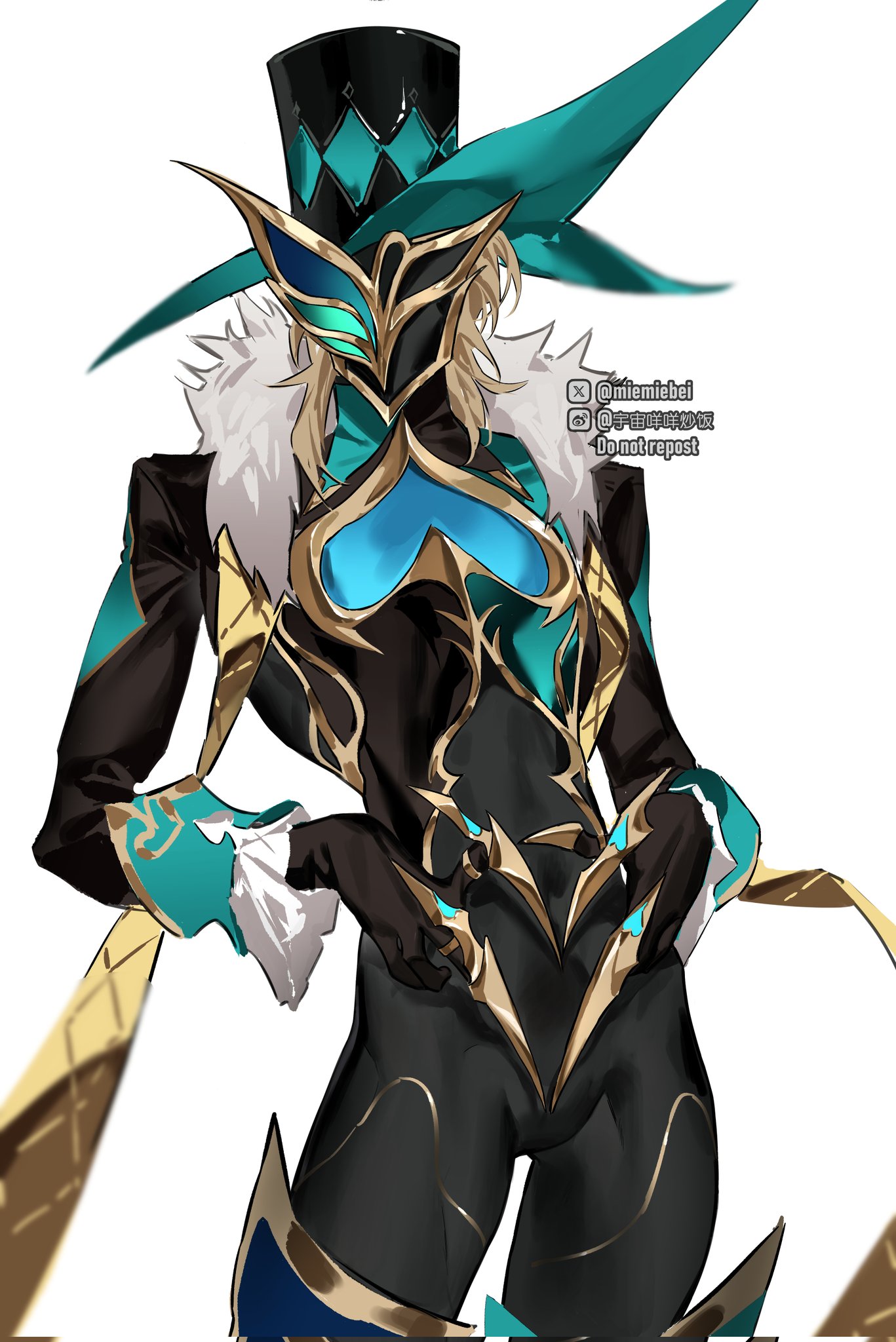 a cartoon character in a detailed anime style. the character is wearing a black suit with gold and green embellishments. the character has a green and black hat with white trim. the character is holding a green sword. the background is white.