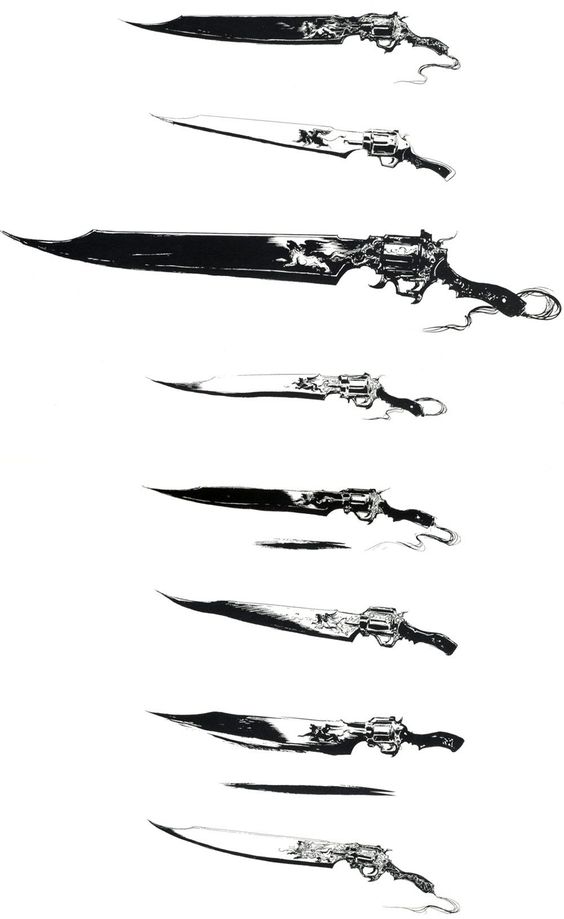 the image showcases a series of eight concept sketches for a fantasy weapon, likely a sword integrated with a revolver.  the weapon designs are presented in black and white, highlighting the intricate details and variations in blade length, handle design, and the incorporation of the firearm mechanism. each sketch offers a unique take on the concept, demonstrating the evolution of the design.