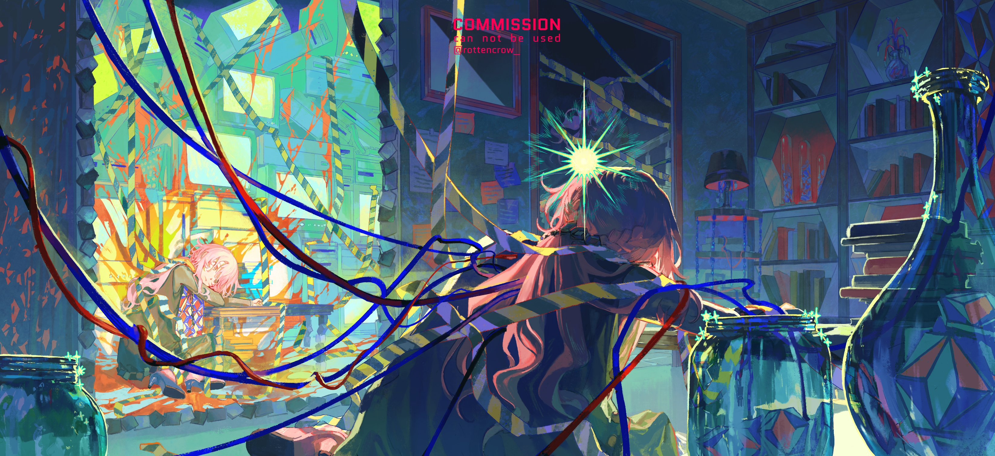 a colorful and abstract digital illustration of an anime girl with pink hair in a cluttered room with bookshelves full of books and glass jars and bottles. the girl is surrounded by wires, caution tape, and other abstract shapes. the artwork is full of vibrant colors and textures.