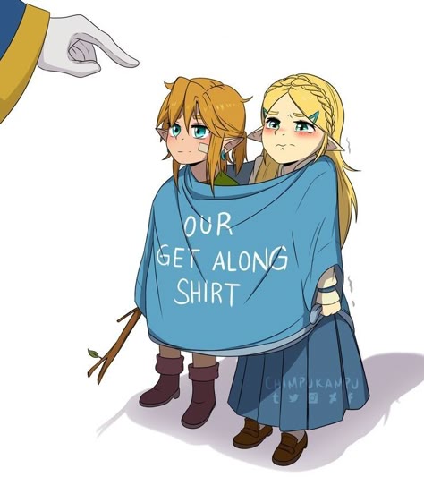 the image shows two anime girls wearing a blue shirt that says "our get along shirt." they are both looking up at a hand pointing at them. they are both smiling.  it seems like a relationship between two friends.  the image is drawn in a cartoon style and is very cute.