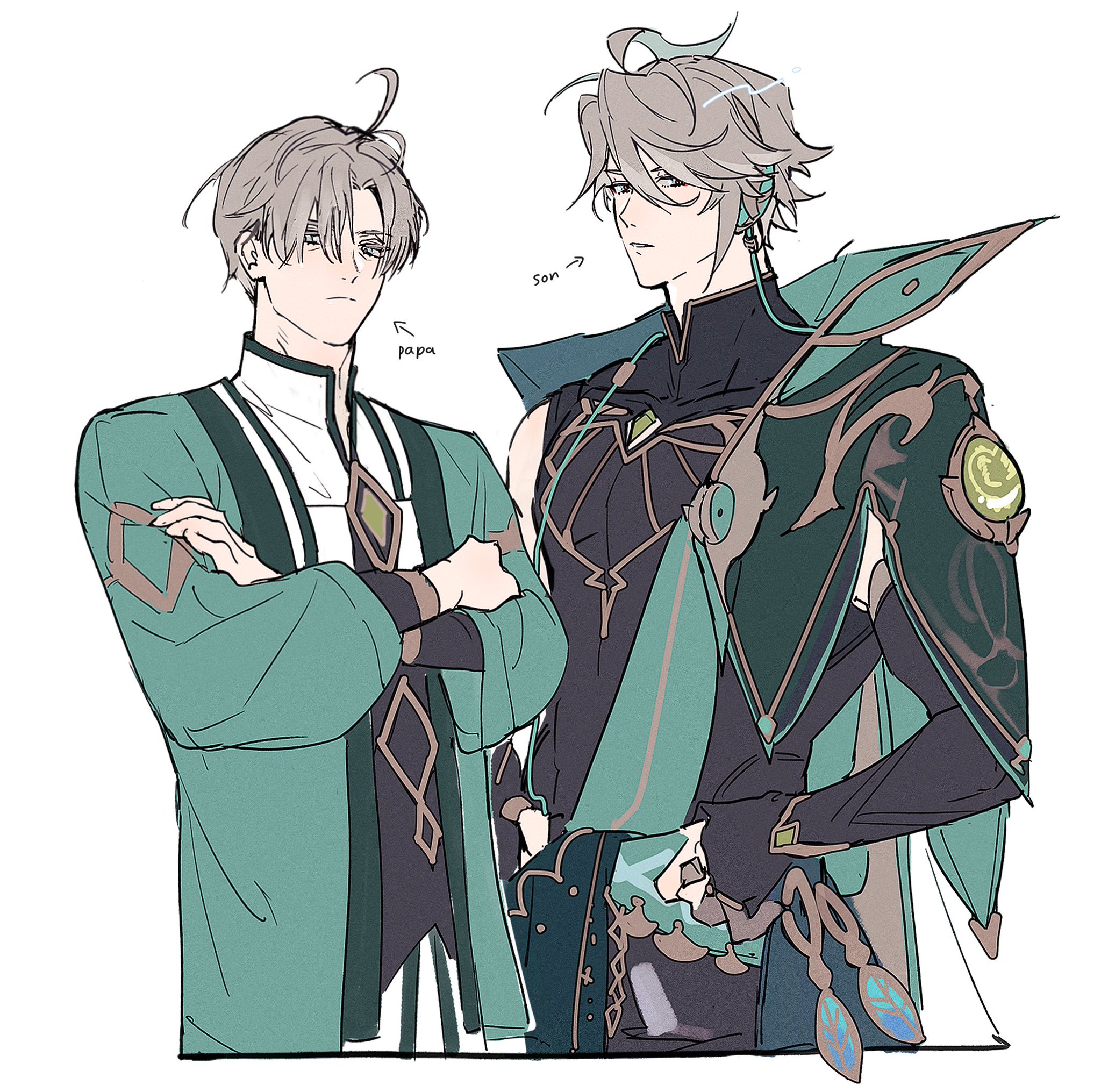 this is a drawing of two anime characters, a father and his son, standing side by side. the father is wearing a long green jacket and white shirt, while his son is wearing a black and green outfit with a cape. they both have white hair and blue eyes. the father is smiling proudly and confidently, while the son looks thoughtful and relaxed. they both seem to be very close and happy. the background is simple, which helps to focus on the characters. the drawing is done in a vibrant and colorful style, which creates a sense of energy and joy. the characters are depicted in a way that suggests a loving and protective relationship between them. the image is full of detail and life, and it is sure to evoke a feeling of warmth and happiness in anyone who sees it.