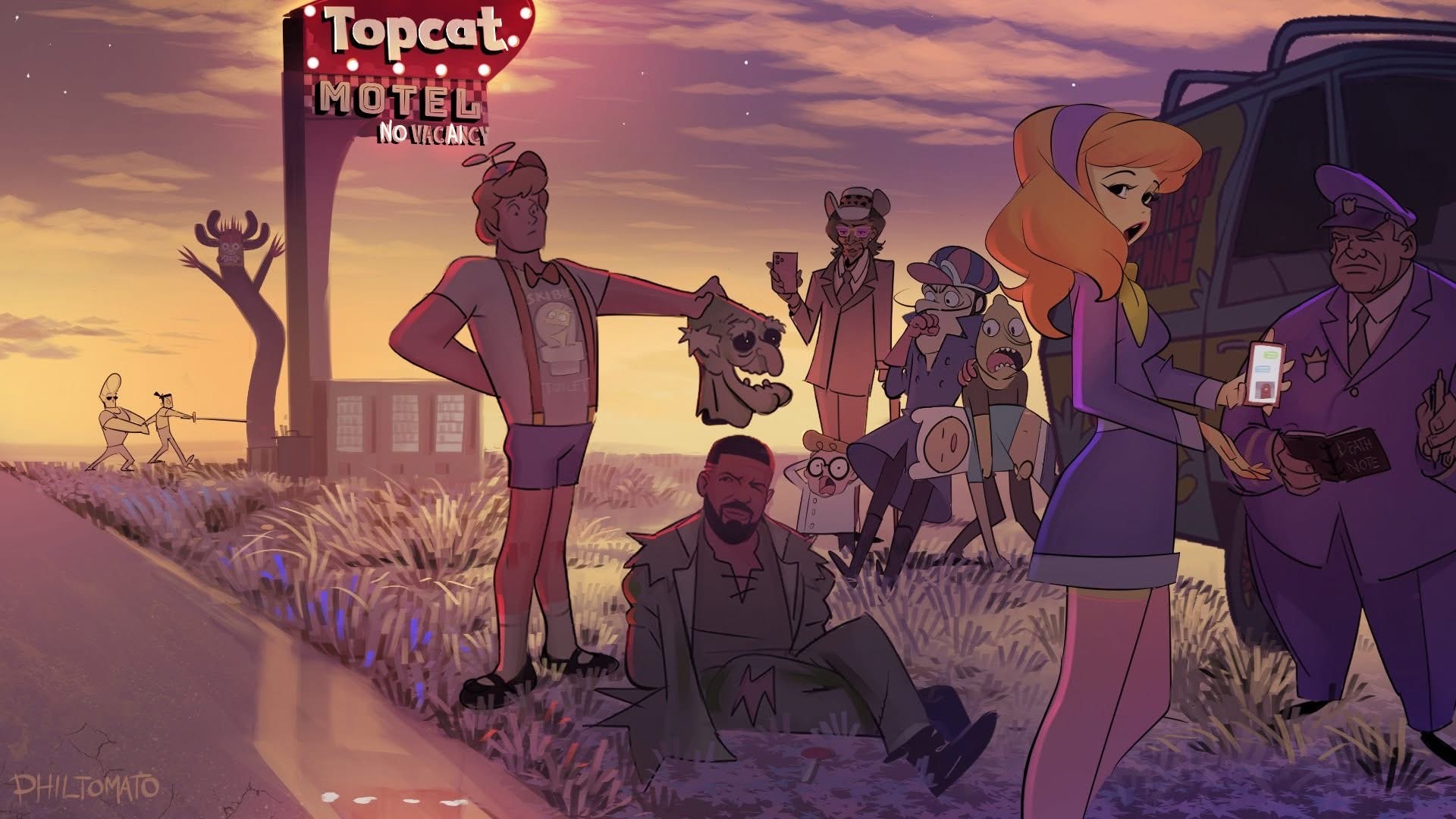 the illustration depicts a crossover scene featuring characters from scoobydoo alongside the rapper drake, with references to the death note anime, set in front of a "topcat motel." daphne blake is handing her phone to a police officer, who is also holding a book labeled "death note." shaggy rogers stands nearby, holding a monster head. drake is sitting on the ground in costume. the scene includes an inflatable tube man and other characters in the background. the setting is a roadside scene with a motel sign and a van in the background. the sky has sunset hues.